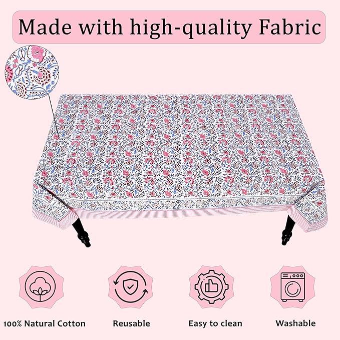 Ridhi Hand Block Print Pigeon Blue Flamingo Pink Rectangle Cotton Tablecloth 190" x 72" Reusable Table Cover Decorative Everyday Use for Dining, Farmhouse, Home Gift for Spring, Easter, Valentine