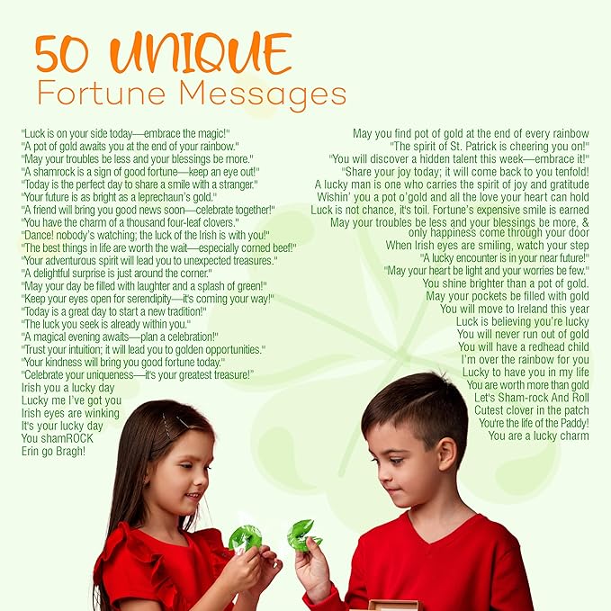 4E's Novelty St Patricks Day Fortune Cookies (50 Pack) Bulk Individually Wrapped Green Fortune Cookies With 50 Unique St Patricks Day Themed Fotune, Party Favors & Candy Bowl Filler