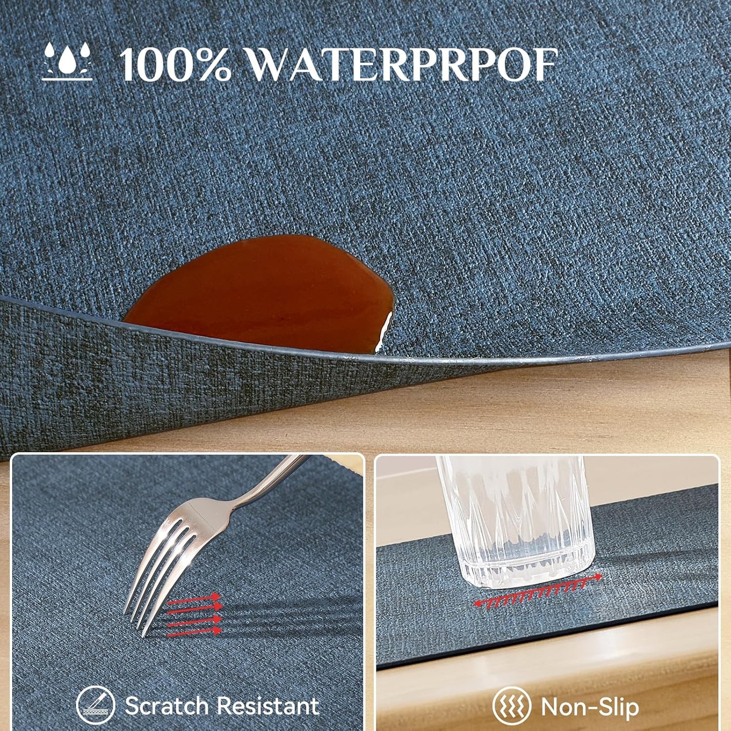 Softalker Vinyl Placemats Set of 4 - Faux Leather Heat Resistant Place Mats, 100% Waterproof Oilproof Wipe Clean Table Mats for Indoor & Outdoor Use, 17’’×12’’, Navy Blue