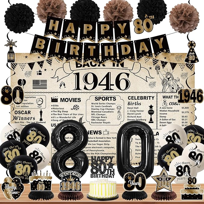DARUNAXY 80th Birthday Party Decorations for Men Women, Vintage Back in 1946 Banner, Black 80 Number Balloons & Cake Topper, Vintage 1946 80 Birthday Honeycomb Hanging Swirl Confetti Balloons(30PC)