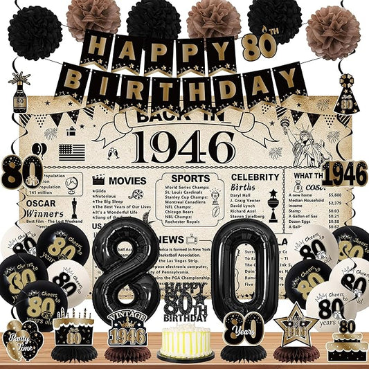 DARUNAXY 80th Birthday Party Decorations for Men Women, Vintage Back in 1946 Banner, Black 80 Number Balloons & Cake Topper, Vintage 1946 80 Birthday Honeycomb Hanging Swirl Confetti Balloons(30PC)