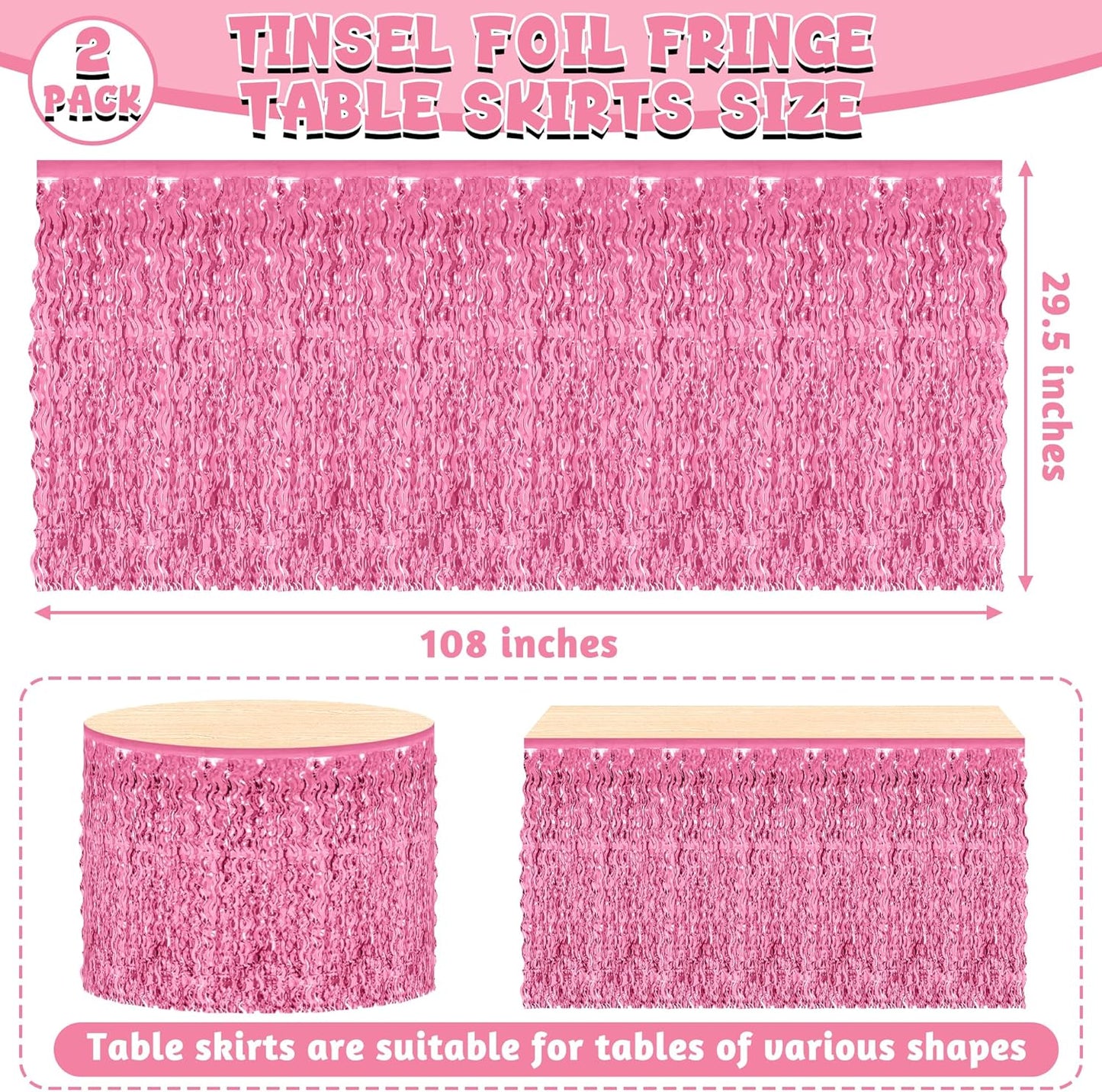 Valentines Day Table Skirt Decor, 2 Pack Pink Foil Grass Table Skirt, Metallic Wavy Tinsel Foil Fringe Table Skirts, Table Skirts for Wedding Birthday Graduations Valentines Day Parade Party