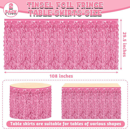 Valentines Day Table Skirt Decor, 2 Pack Pink Foil Grass Table Skirt, Metallic Wavy Tinsel Foil Fringe Table Skirts, Table Skirts for Wedding Birthday Graduations Valentines Day Parade Party