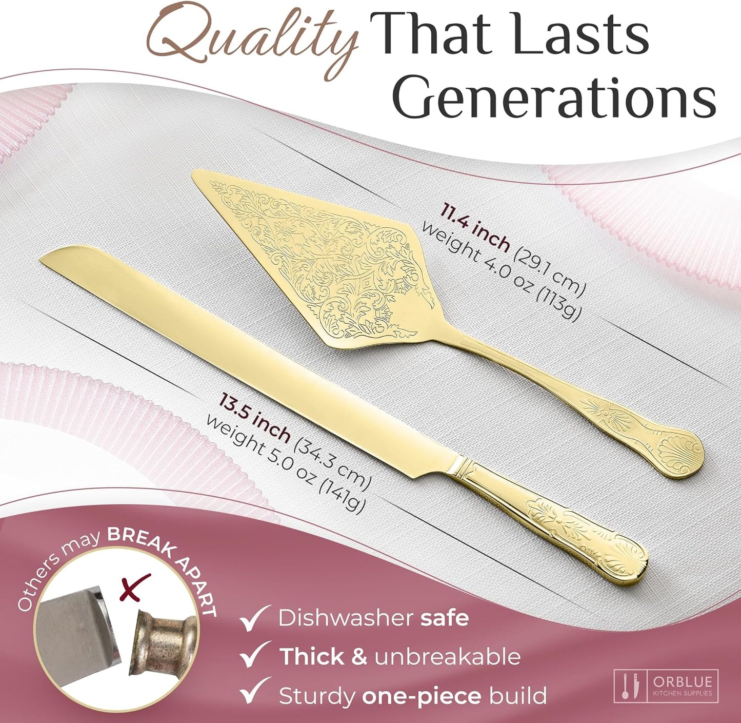 Orblue Wedding Cake Knife and Server Set - Premium, Beautifully Engraved Cutting Set - Elegant Keepsake for Newlyweds Gold