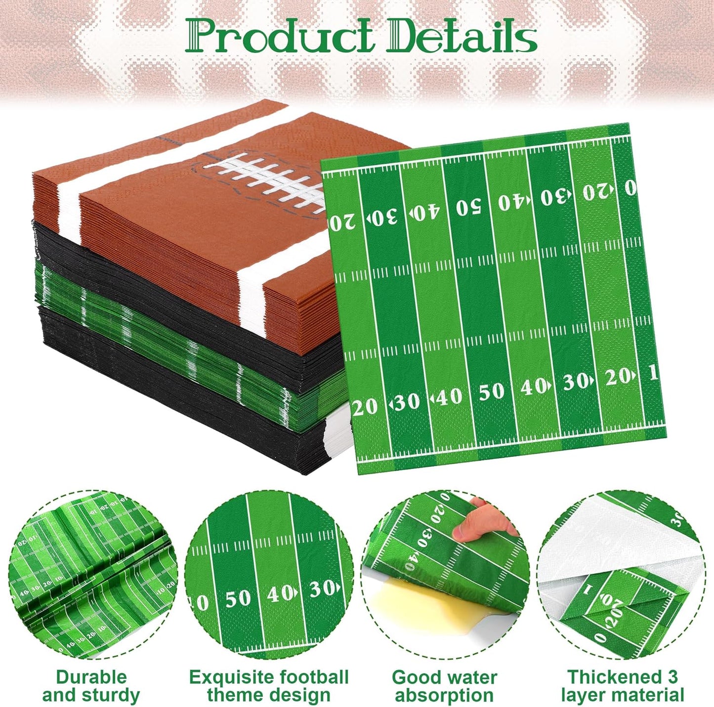 120 Pieces Football Disposable Cocktail Paper Napkins Football Party Decorations 6.5 x 6.5 Inch 3-Ply Football Party Napkins for Football Birthday Party Favors