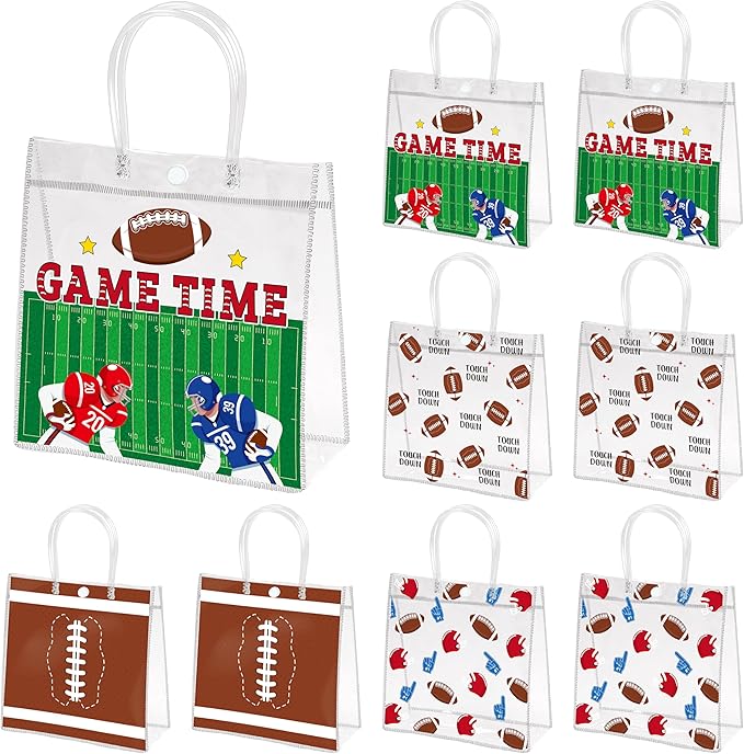 H1vojoxo Football Party Gift Bags - 24pcs Football Clear PVC Gift Bags with Handles Reusable Rugby Sports Goodie Bag for kids Rugby Tote Bag for Snack Large Candy Treat Ball Themed Party Favor
