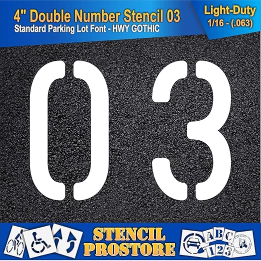 Pavement, Curb, and WheelStop Stencils - 4 inch Double Number Stencil - (03) - 4" x 5.5" x 1/16" (63 mil) - Light-Duty