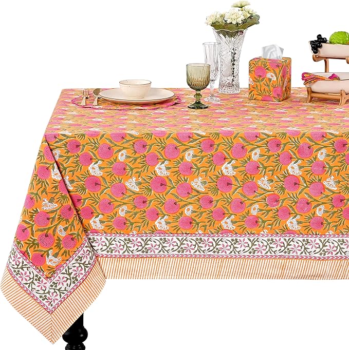 Ridhi Hand Block Print Bubblegum Pink Rectangle Cotton Tablecloth 190" x 72" Reusable Table Cover Decorative Everyday Use for Dining, Farmhouse, Home Gift for Spring, Easter, Valentine