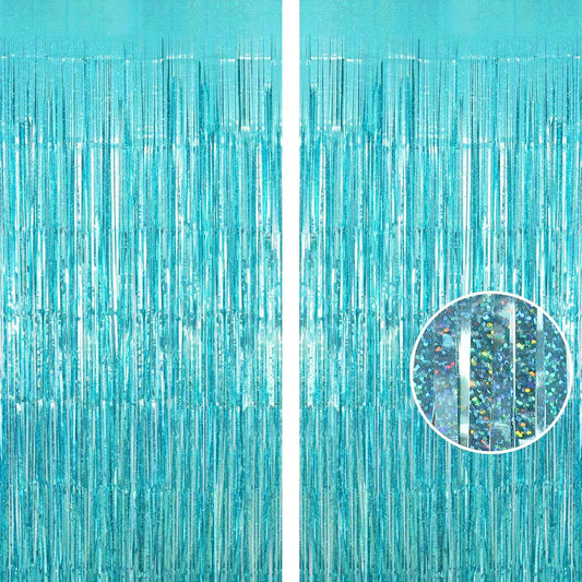 Blue Tinsel Foil Fringe Curtain Backdrop, 3.3 x 8.2 ft Metallic Glitter Curtain Streamers, 2 Pack Light Blue Photoboth for Birthday Mermaid Baby Shower Party Decorations