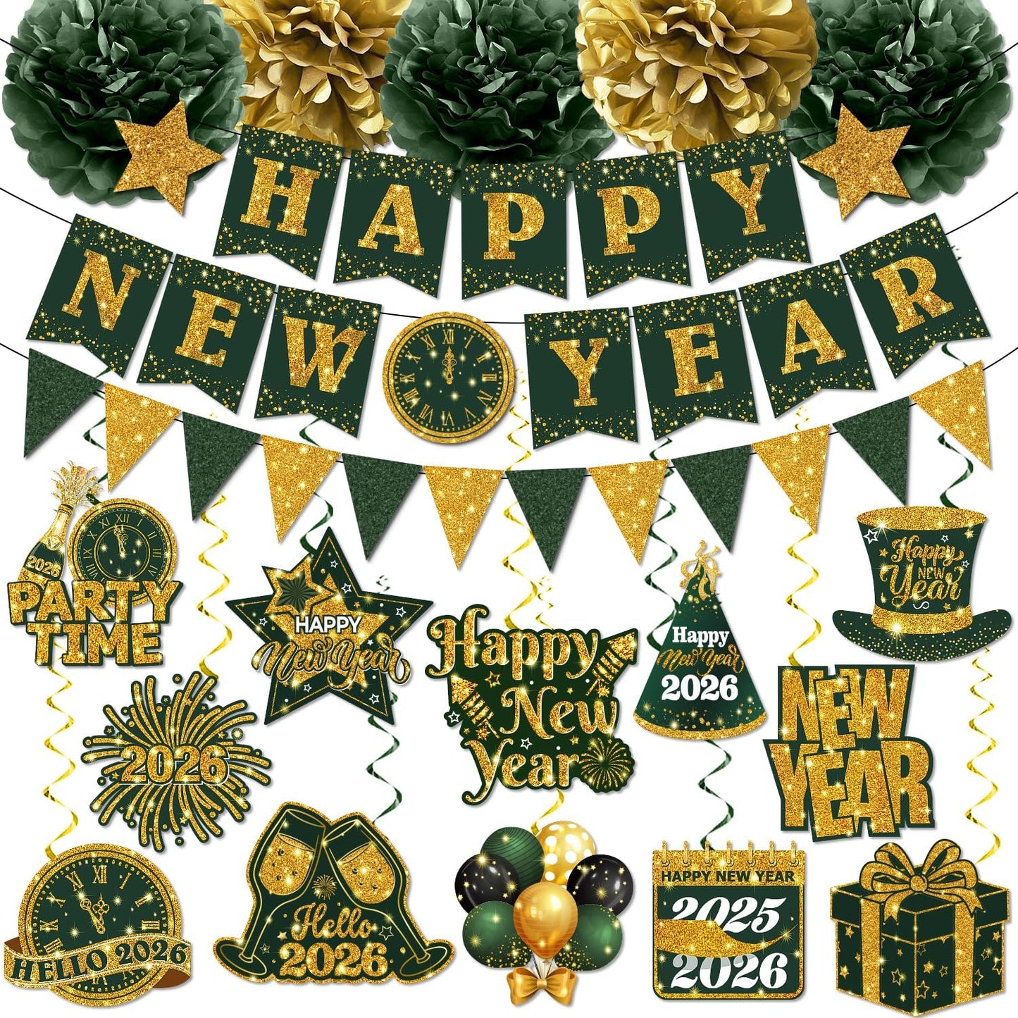 New Years Decorations Hanging Swirls,Green and Gold 2026 New Years Eve Decorations Banner Ceiling Hanging Pom Pom Garland Triangle Flag for Happy New Year Decorations