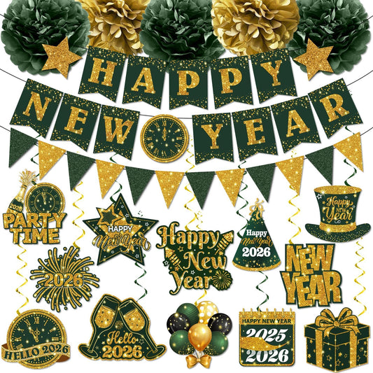 New Years Decorations Hanging Swirls,Green and Gold 2026 New Years Eve Decorations Banner Ceiling Hanging Pom Pom Garland Triangle Flag for Happy New Year Decorations