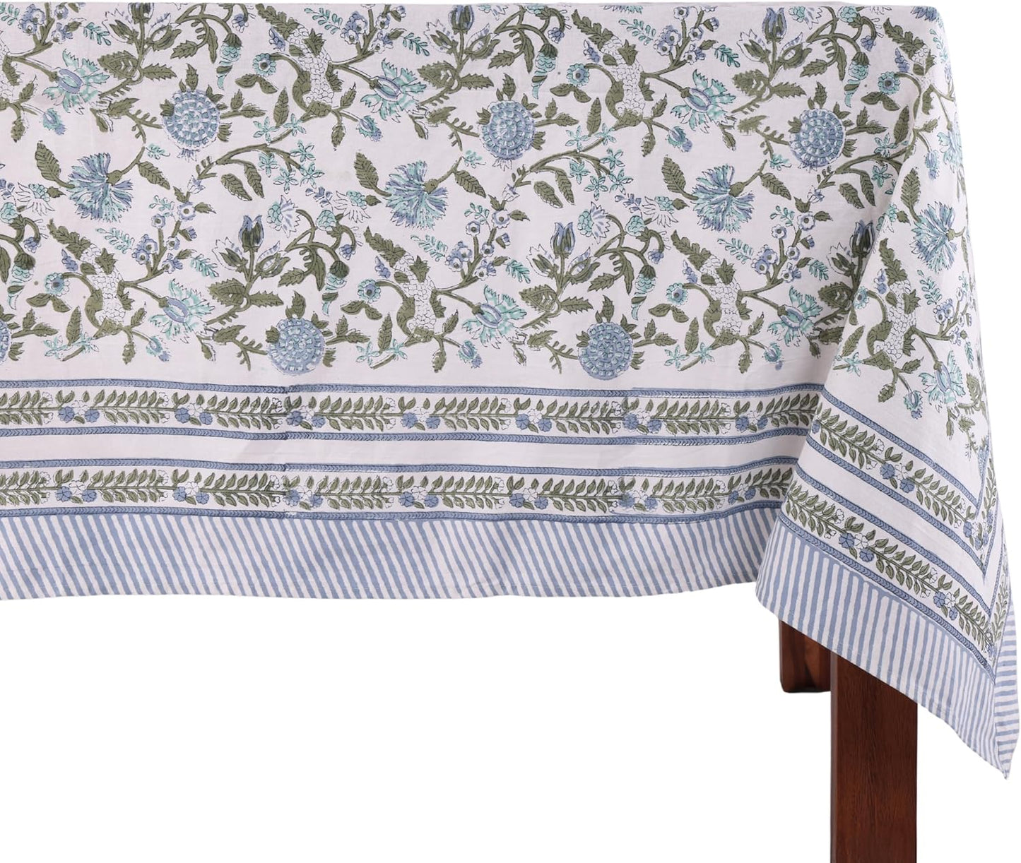 ATOSII Mahoka Blue 100% Cotton Rectangle Summer Tablecloth, Handblock Floral Linen Table Cloth for Kitchen Dining Table I Parties Weddings Outdoors Home Decor 72 X 120 Inches I 10 Seater