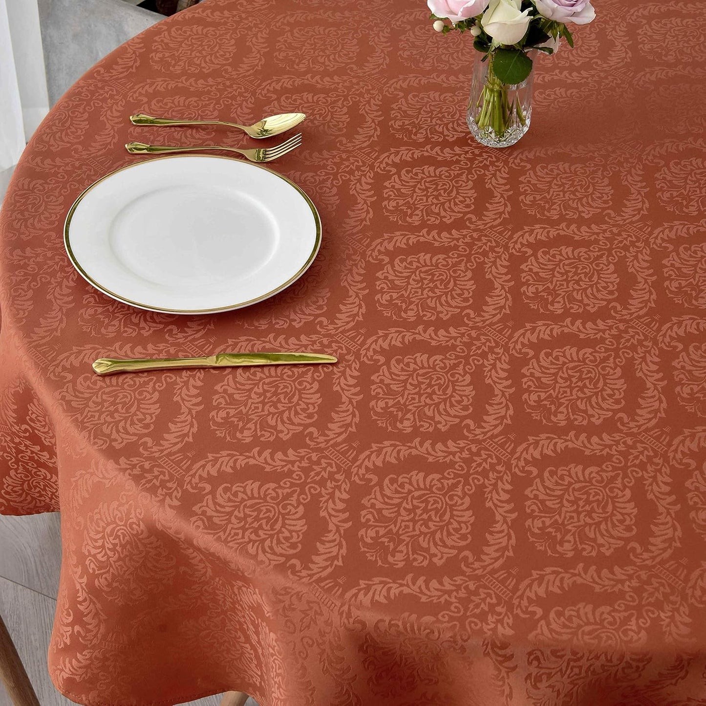 maxmill Jacquard Round Table Cloth Damask Design Waterproof Antiwrinkle Heavy Weight Soft Tablecloths for Circular Table Cover and Kitchen Dinning Tabletop Round 70 Inch Rust