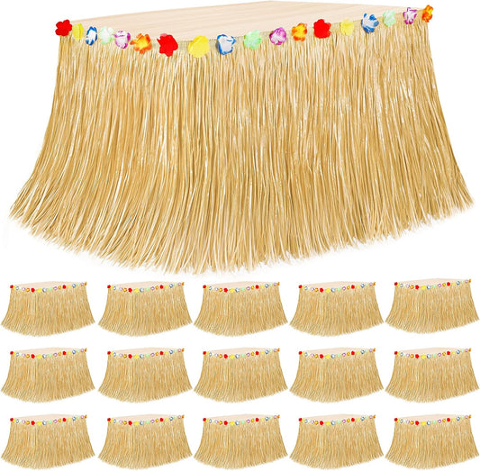 16PCS Luau Table Skirt Decor, Gold Hawaiian Themed Grass Table Skirt Party Decorations, 108 X 29.5" Flower Tropical Hula Dance Parties Supplies, Table Skirt Bulk for Summer Beach Themed Activities