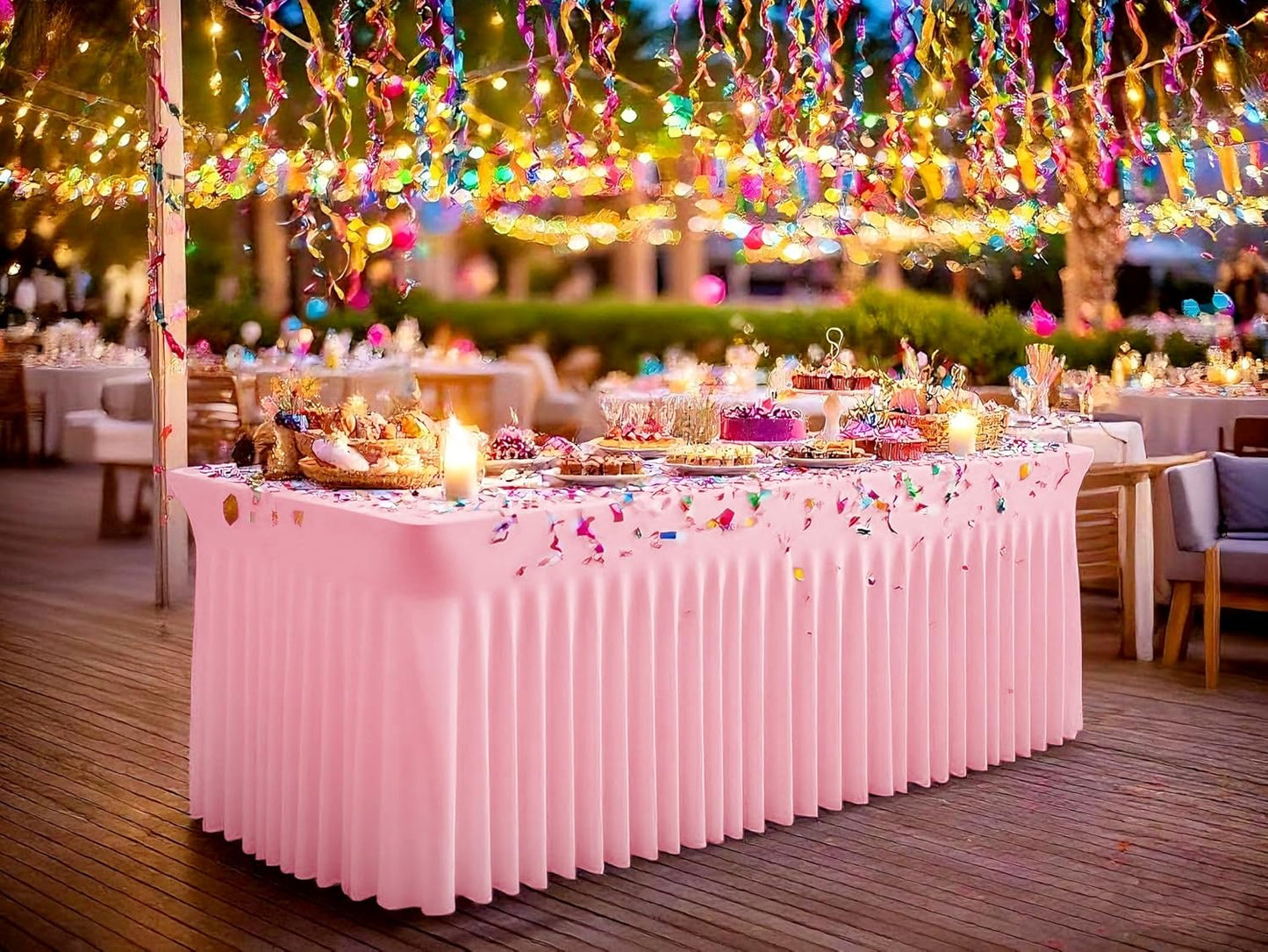 2 Packs Pink Stretch Table Skirts for 6 Foot Rectangle Table, Washable Spandex Stretch Tablecloths with Skirt, Wrinkle Resistant Fitted Tablecover for Wedding Party Banquet