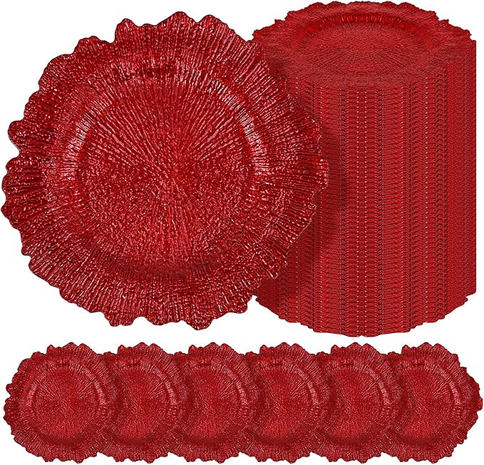 Teruntrue 50 Pcs Red Charger Plates Bulk 13 Inch Plastic Charger Plates for Dinner Plate, Red Chargers for Table Setting, Reef Design Plate Floral Decorative Round Chargers for Wedding Party, Event