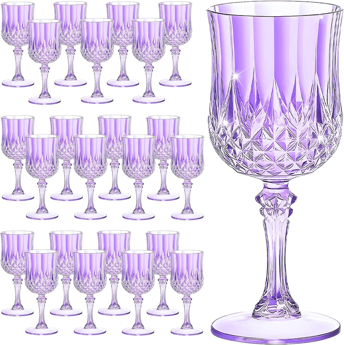 24PCS 7OZ Purple Wine Plastic Glasses, Drinking Champagne Glasses Flutes Crystal Vintage Water Unbreakable Goblets for Wedding, Parties
