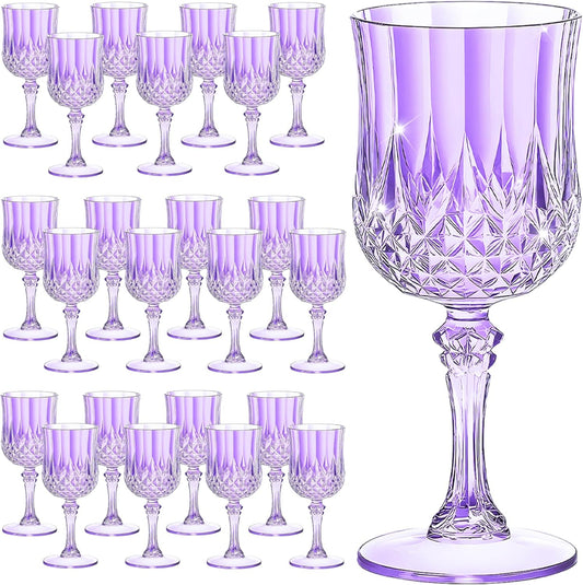 24PCS 7OZ Purple Wine Plastic Glasses, Drinking Champagne Glasses Flutes Crystal Vintage Water Unbreakable Goblets for Wedding, Parties