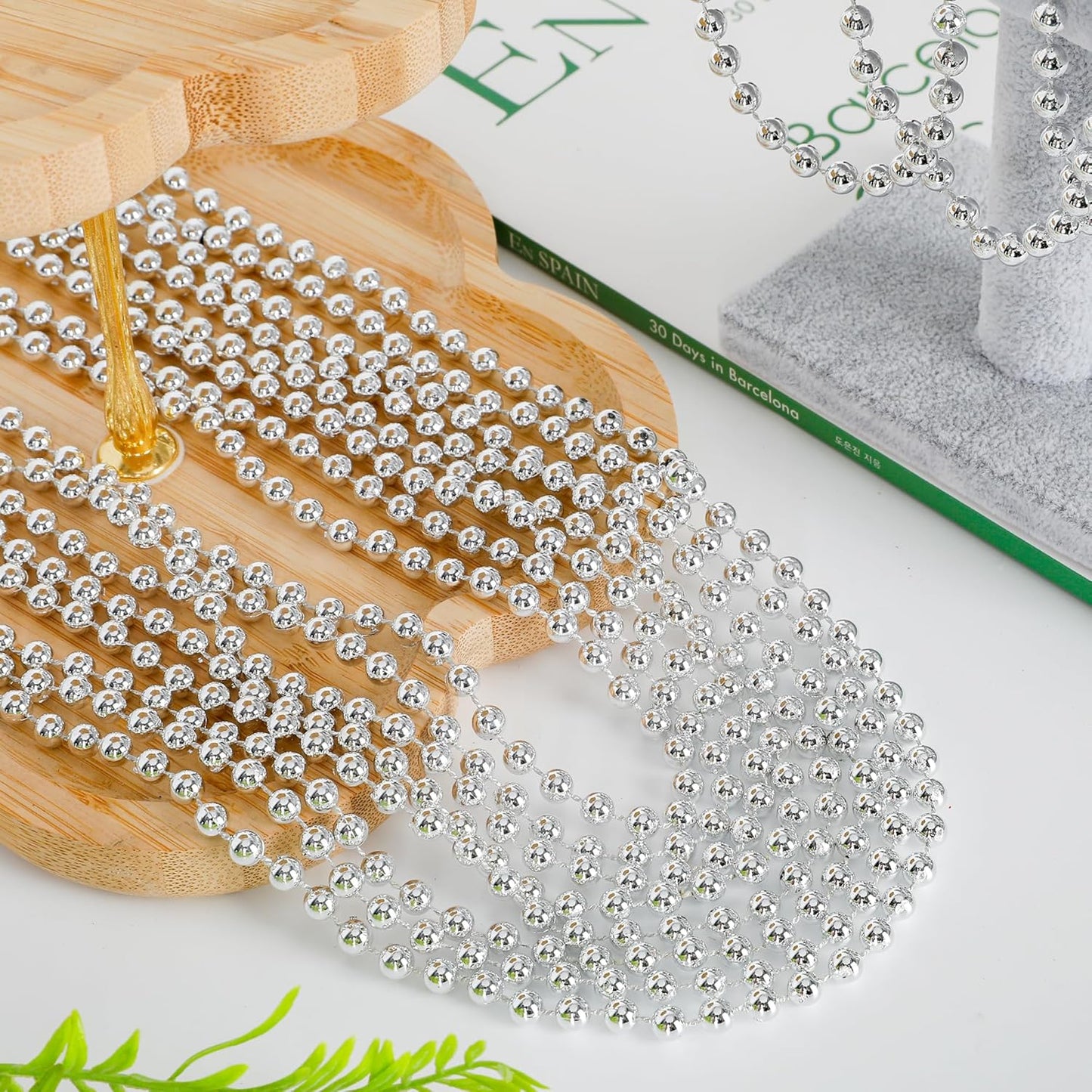15PCS Bead Necklace, Silver Christmas Bead Stuff Party Favors, 33" Mardi Gras Xmas Silver Beaded Necklace Bulk, Festival Events Parade Throw Accessories for Wedding Birthday Celebrations Decorations