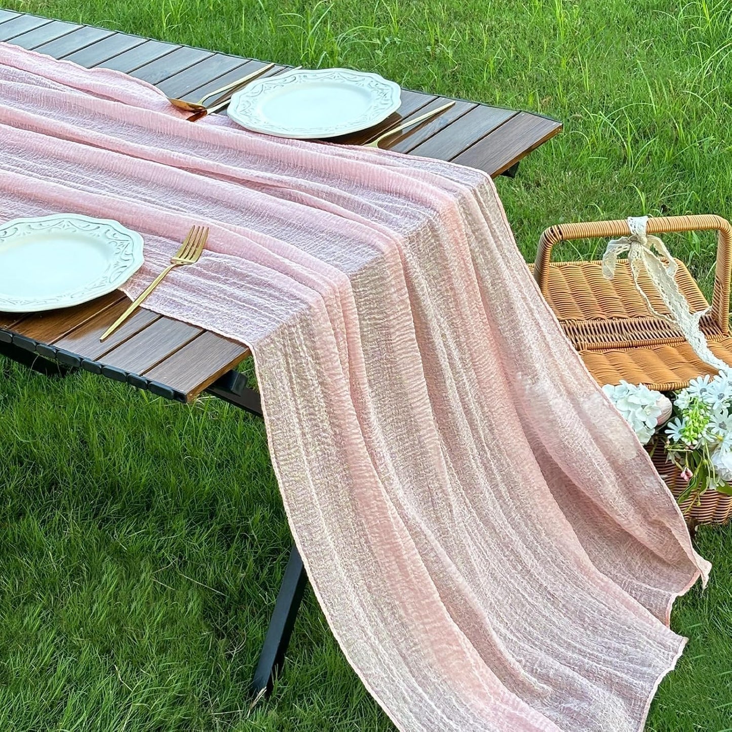 FEXIA Pink Table Runner 30x118 Inches for Spring Easter Decor Dusty Pink Cheesecloth Table Runner for Tea Party Decorations Gauze for Wedding Baby Shower Bridal Shower First Communion and Home Decor