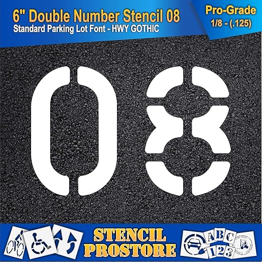 Pavement, Curb, and WheelStop Stencils - 6 inch Double Number Stencil - (08) - 6" x 9" x 1/8" (128 mil) - Pro-Grade