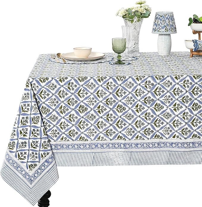 Ridhi Hand Block Print Light Steel Blue Rectangle Cotton Tablecloth 102" x 48" Reusable Table Cover Decorative Everyday Use for Dining, Farmhouse, Home Gift for Spring, Easter, Valentine