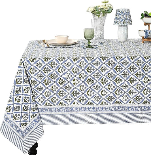 Ridhi Hand Block Print Light Steel Blue Rectangle Cotton Tablecloth 102" x 48" Reusable Table Cover Decorative Everyday Use for Dining, Farmhouse, Home Gift for Spring, Easter, Valentine