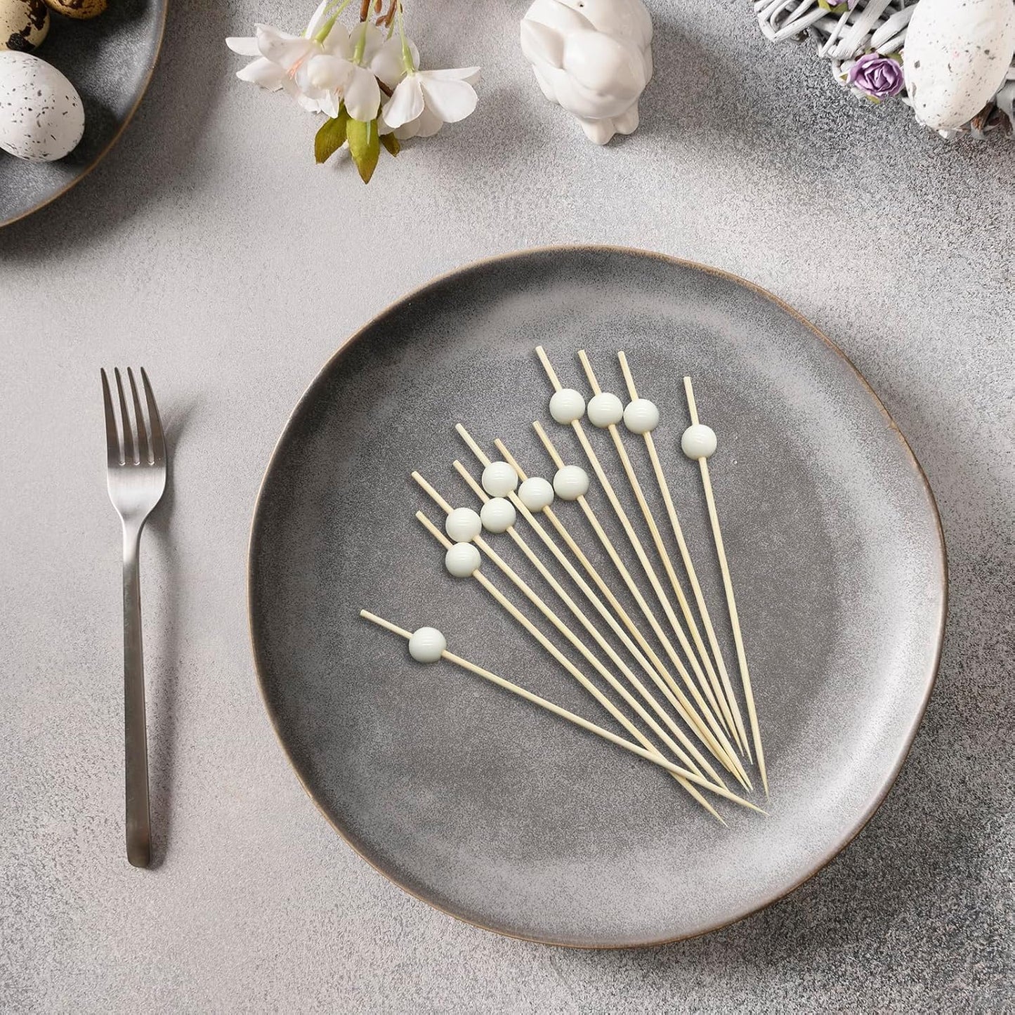 Minisland Milky White Pearl Cocktail Picks, 4.7 Inch Long Bamboo Fancy Toothpicks for Appetizers, Decorative Easter Holiday Wedding Party Food Drink Garnish Fruit Skewer Sticks 100 Counts - MSL455