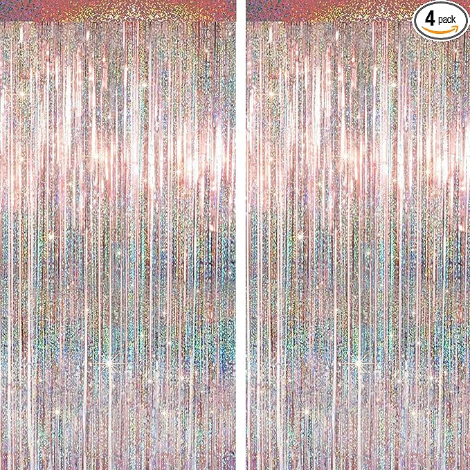 4 Packs Champagne Foil Fringe Curtain, Rose Gold Glitter Metallic Tinsel Backdrop for Birthday Wedding Bridal Baby Shower Engagement Bachelorette Party Decorations Supplies