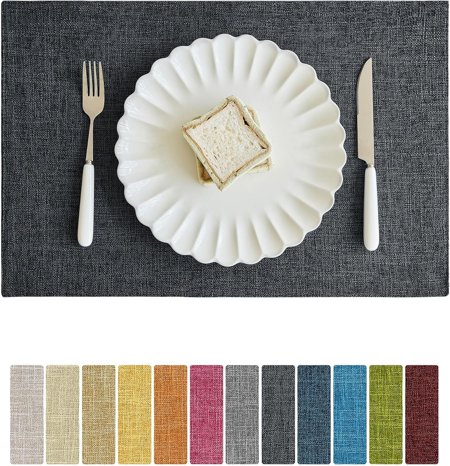 Softalker Faux Linen Placemats Set of 4-12 x 18 Inch, Heat Resistant Double Layered Durable Burlap Farmhouse Place Mats, Non-Slip Washable Rustic Table Mats for Dining, Kitchen, Party（Dark Grey