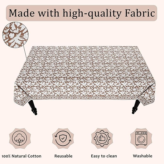 Ridhi Hand Block Print Oak Brown Rectangle Cotton Tablecloth 108" x 60" Reusable Table Cover Decorative Everyday Use for Dining, Farmhouse, Home Gift for Spring, Easter, Valentine