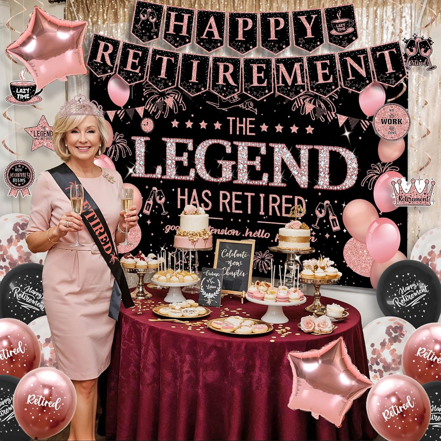 Roetyce Retirement Party Decorations Women, Black and Pink Happy Retirement Banner Backdrop Balloon Hanging Swirls for Coworker, Rose Gold Lengend Has Retired Sash & Crown, Office Retired Background