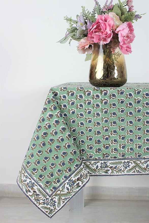 Ridhi Hand Block Print Basil Green Rectangle Cotton Tablecloth 140" x 72" Reusable Table Cover Decorative Everyday Use for Dining, Farmhouse, Home Gift for Spring, Easter, Valentine