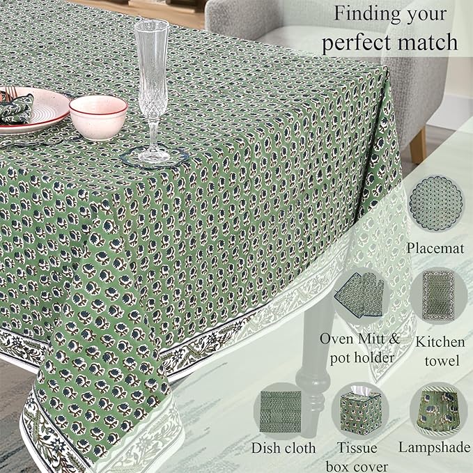 Ridhi Hand Block Print Basil Green Rectangle Cotton Tablecloth 108" x 70" Reusable Table Cover Decorative Everyday Use for Dining, Farmhouse, Home Gift for Spring, Easter, Valentine