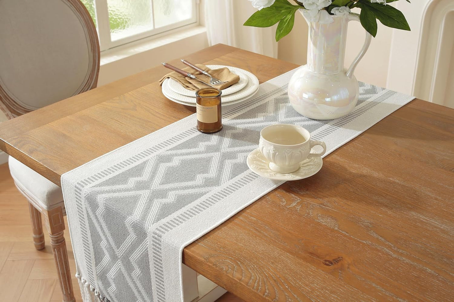Boho Table Runner ， Natural Cotton Woven Gray Runner，for Modern Farmhouse Decor, with Tassels for Home Dining Table Decor 14 x 72 Inch Long