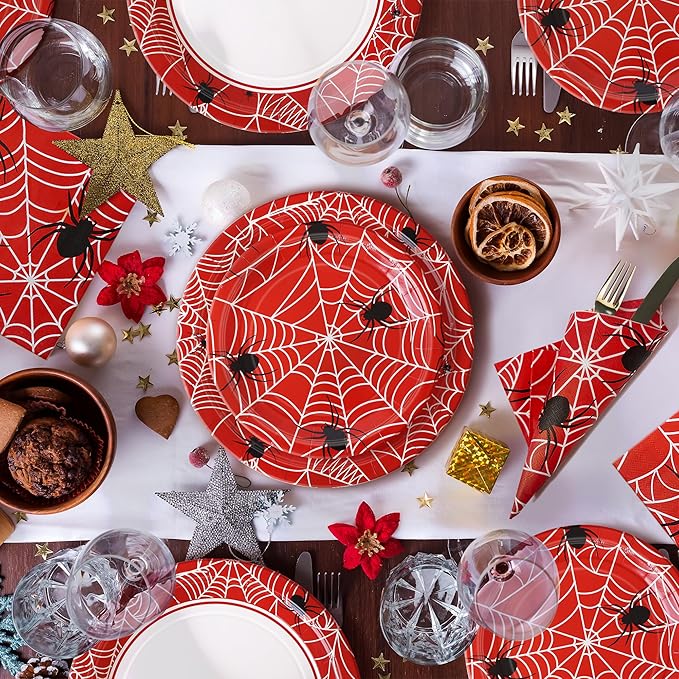 75pcs Spider Party Supplies, 25 Guest Disposable Red Paper Plates & Napkins, Tableware Decorations Favors, Including 9" & 7" Plates & Napkins for Halloween, Birthday, Parties, and Everyday Use