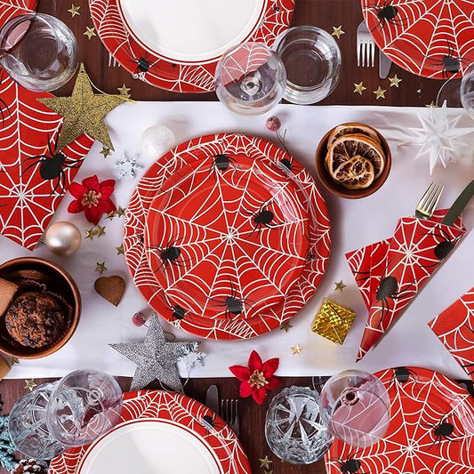 75pcs Spider Party Supplies, 25 Guest Disposable Red Paper Plates & Napkins, Tableware Decorations Favors, Including 9" & 7" Plates & Napkins for Halloween, Birthday, Parties, and Everyday Use