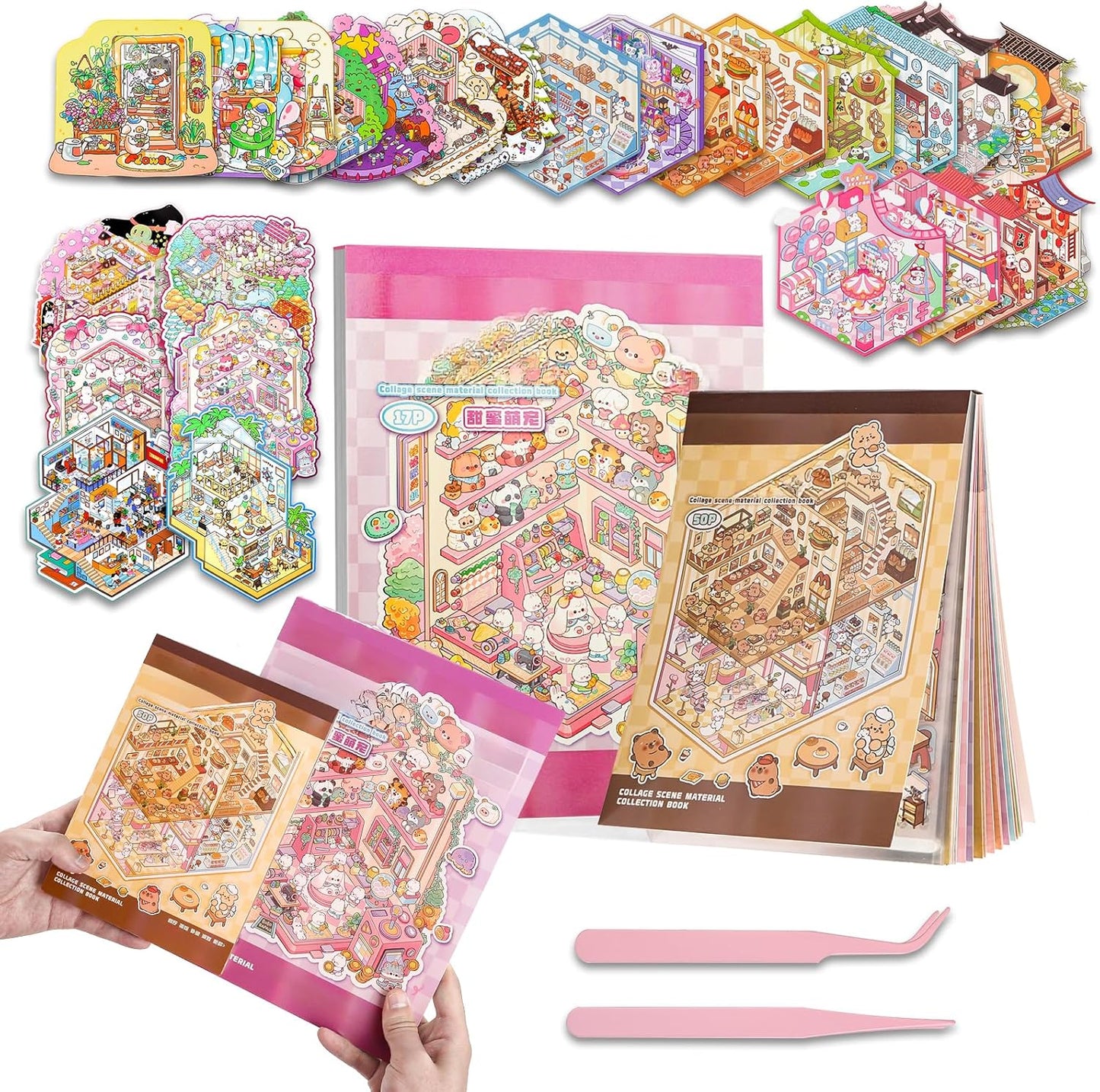 DIY Sticker Scenes for Adults Kids, Sticker therapyCollection Book Stress Relief Pass The Time,Make Your Own House Miniature Cute Cartoon Animal Isometric Scene