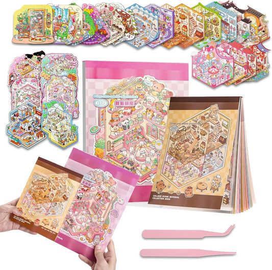 DIY Sticker Scenes for Adults Kids, Sticker therapyCollection Book Stress Relief Pass The Time,Make Your Own House Miniature Cute Cartoon Animal Isometric Scene