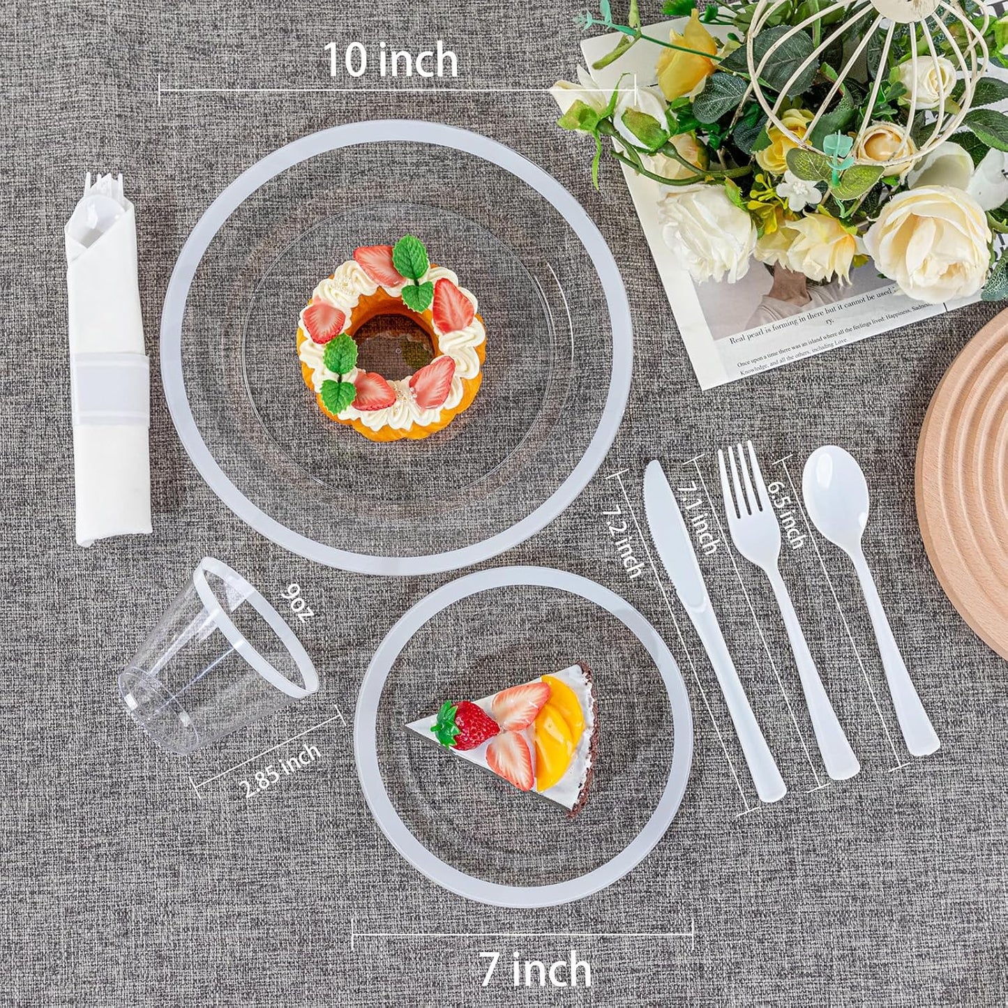 I00000 350 Pcs Clear White Plates for 50 Guests, White Dinnerware Include 100 Plates, 50 Cups, 50 Pre Rolled Napkins with Cutlery Set for Party and Wedding