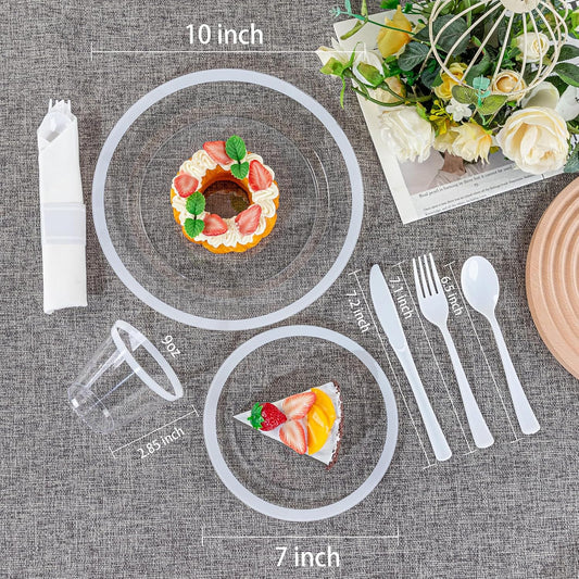 I00000 350 Pcs Clear White Plates for 50 Guests, White Dinnerware Include 100 Plates, 50 Cups, 50 Pre Rolled Napkins with Cutlery Set for Party and Wedding