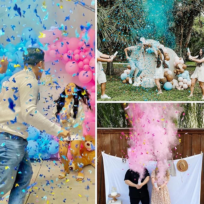 PrimePure Gender Reveal Confetti Cannon - Butterfly Confetti Popper & Biodegradable Powder Cannon - Pink & Blue, 4 Pack - Baby Girl or Boy Gender Reveal Smoke Bombs Baby Powder Paper Party Poppers