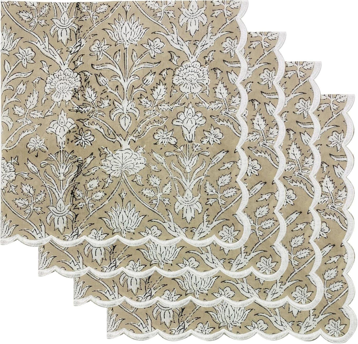 Ridhi Taupe Hand Block Print Napkins 18" x 18" Set of 4 Reusable Cotton Dinner Napkins for Weddings, Parties & Everyday Dining, Thanksgiving, Christmas, Fall