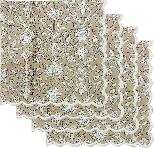 Ridhi Taupe Hand Block Print Napkins 18" x 18" Set of 4 Reusable Cotton Dinner Napkins for Weddings, Parties & Everyday Dining, Thanksgiving, Christmas, Fall