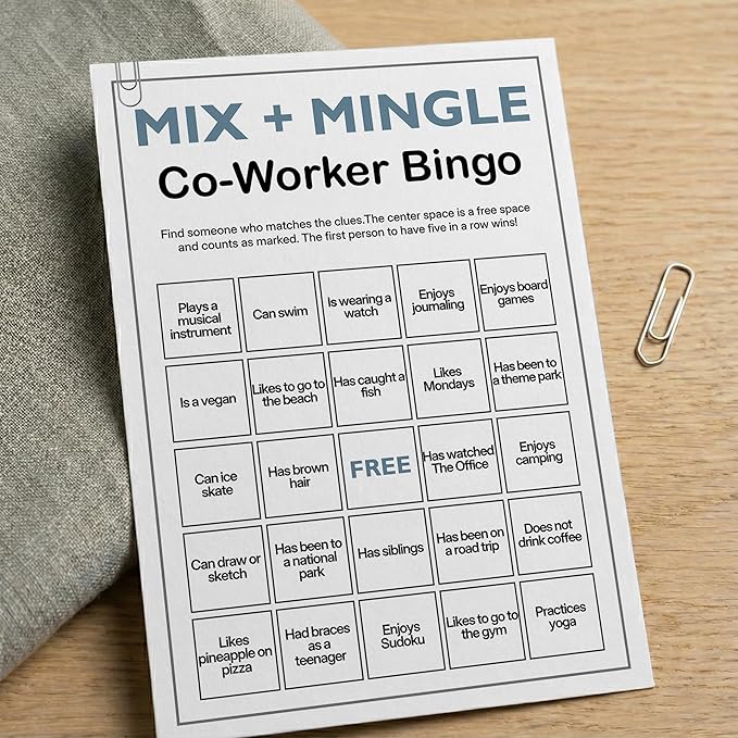 Sahjzk Office Bingo Cards, 25 Unique Randomized 5x7 Sheets, Get to Know You Bingo Game for Adults, Ice Breaker Office Party Games, Team Building Games for Work, High Replay Value - B002