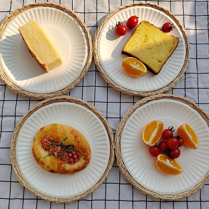 10in Handmade Wicker Paper Plate Holder, Heavy Duty Charger Plates for Dinner Plates, Set of 4 Reusable Bamboo Paper Plate Holders for Home Party Daily Dining Picnic