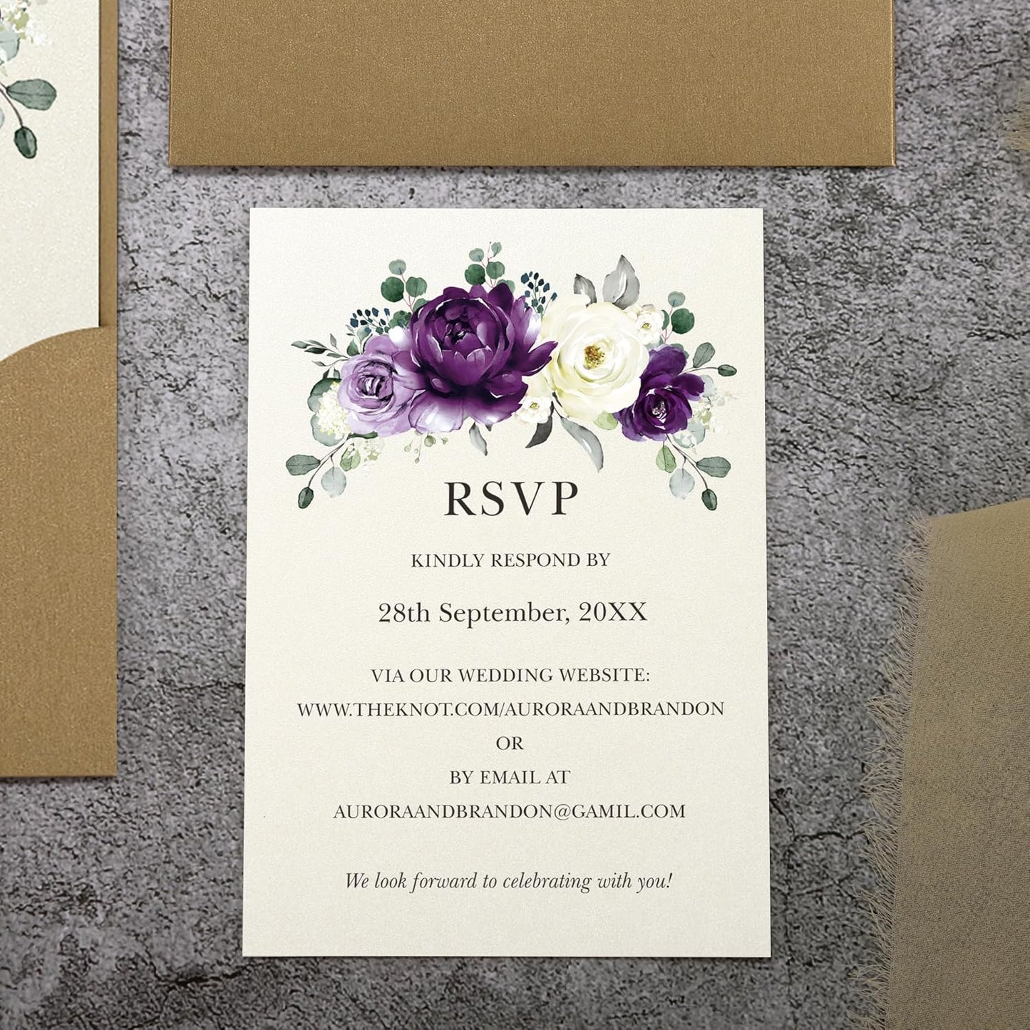 50pcs Laser Cut Wedding Invitations with Envelopes and RSVP Cards Purple and Gold, 5x7.3 Personalized Invitation Cards for Wedding, Anniversary Invitations with Rhinestone