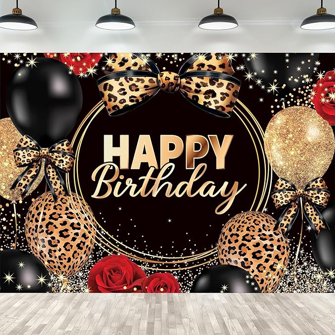 Homewelle Leopard Print Bow Happy Birthday Backdrop 5Wx3H Feet Polyester Fabric Black Gold Red Rose Cheetah Print Bownot Cool Decoration Balloon for Women Girl Photography Background Photo Shoot Props