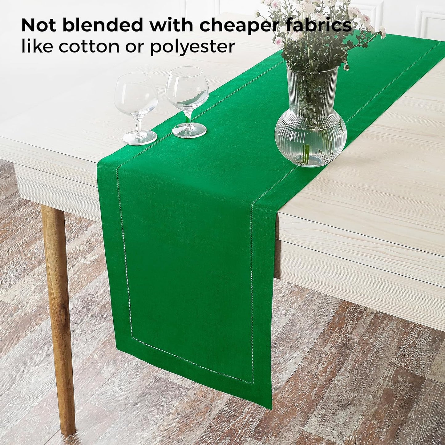 D'Moksha Homes Linen Kelly Green Table Runner 48 Inches - Classic Hemstitch, 100% Pure Linen Coffee Table Runner 14 x 48 Inch Ideal for Dresser Tables - Fall, Autumn and Halloween
