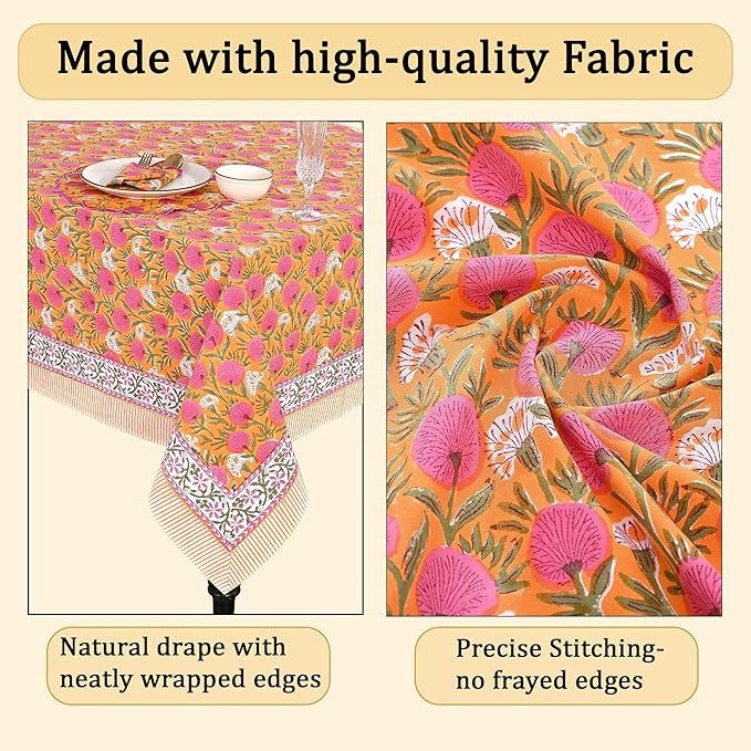 Ridhi Hand Block Print Bubblegum Pink Rectangle Cotton Tablecloth 190" x 72" Reusable Table Cover Decorative Everyday Use for Dining, Farmhouse, Home Gift for Spring, Easter, Valentine